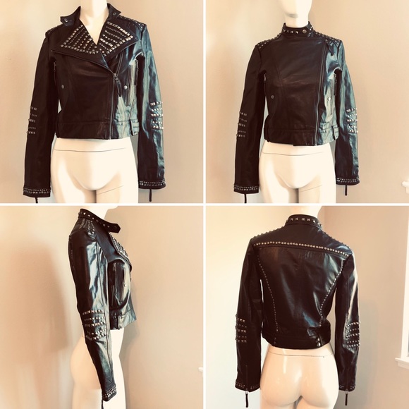 Studded Dark Brown Leather Moto Jacket by Mango-Sz S-EUC - Picture 4 of 8